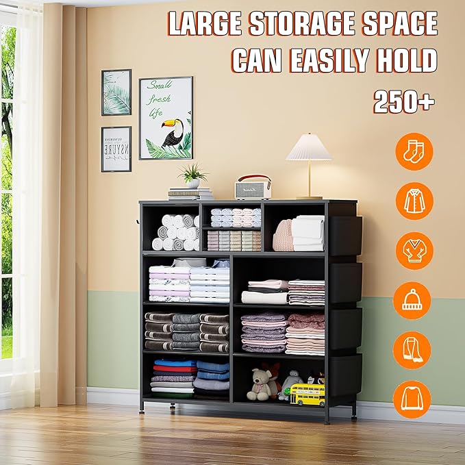 10 Drawer Dresser, Chest of Drawers for Bedroom, PU Dresser with Side Pockets, Hooks, Wooden Top and Sturdy Metal Frame for Living Room, Closet, Hallway (Black)