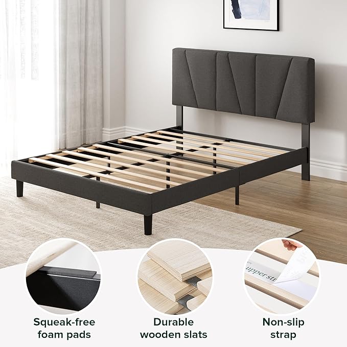 ZINUS Queen Maya Upholstered Bed Frame with Asymmetric Headboard, Durable Wooden Slats, Sturdy Framework, Noise Free Sleep, No Box Spring Needed, Easy Assembly, Eco Friendly Packaging, Dark Grey
