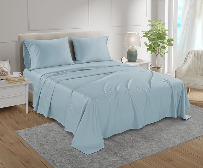 100% Egyptian Cotton Sheets King Size, 800 Thread Count 4 Piece Breathable Bed Sheet Set, 15" Deep Pocket King Sheets Cotton, Solid Sateen Weave Luxury Hotel Collection, No Pill & Shrink- Light Blue