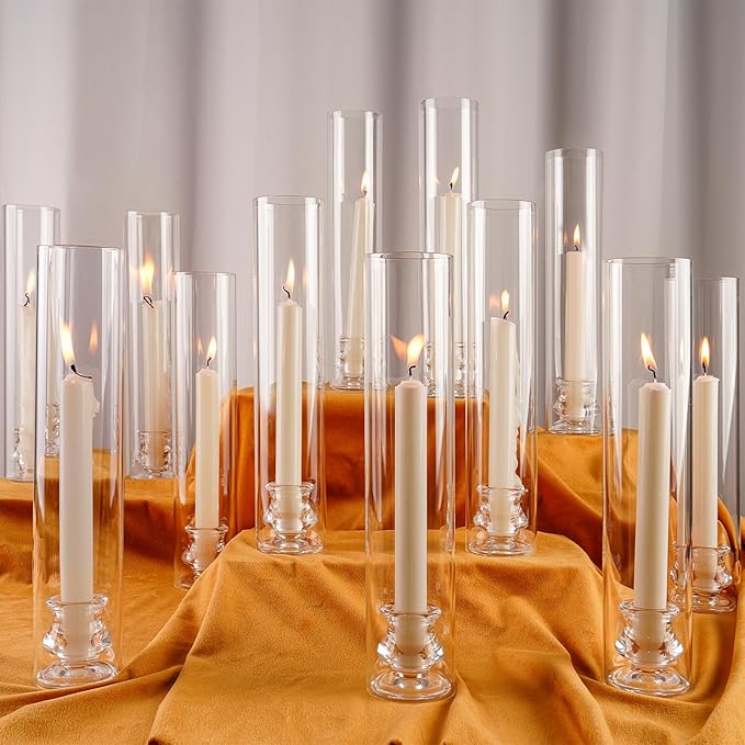 Hurricane Glass Candle Holders, Set of 20 Candlestick Holders for Taper Candles with 11.8" Tall Windproof Cylinder Cover Candle Stand Bulk for Table Centerpieces on Wedding Birthday Housewarming Decor
