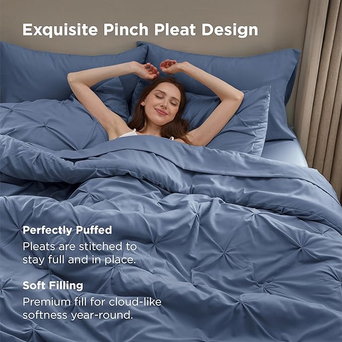 Bedsure King Size Comforter Set Slate Blue - Bed in a Bag Bedding Set 7 Pieces, GentleSoft™ Pintuck Bed Set Gift for Family, Pinch Pleat Slate Blue Comforter with Sheets, Pillowcases & Shams