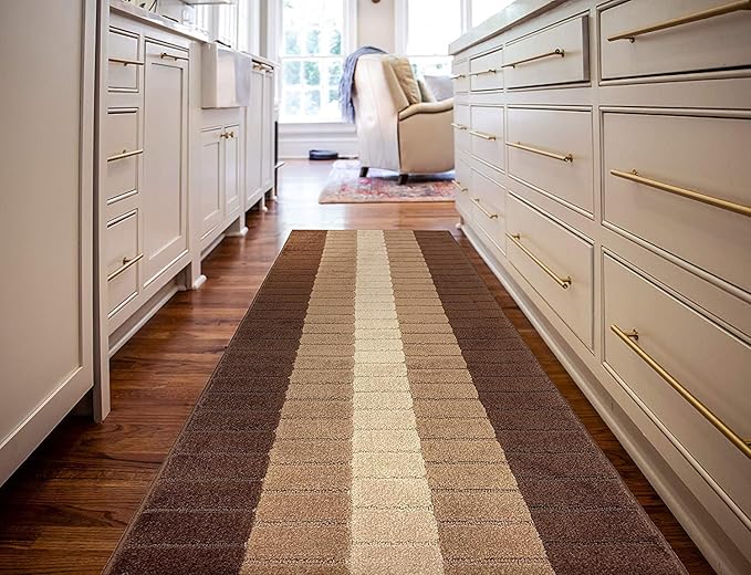 Custom Size Modern Geometric Pattern Carpet Runner Rug for Hallways, Slip Resistant Latex Rubber Backed, 31 inch Wide X Customized Length, Squares Brown, 31 inch X 27 feet