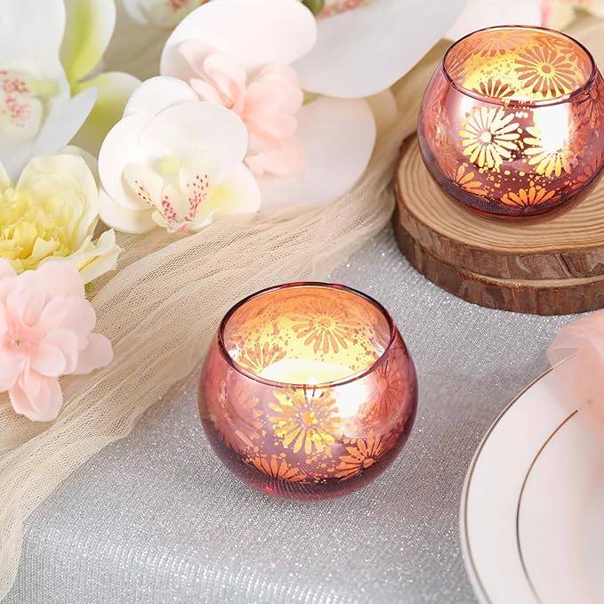 Pink Mercury Glass Votive Candle Holders Set of 12, Round Tealight Candle Holders for Table Centerpieces, Weddings, Shower Gifts, Christmas, Halloween Party Decorations
