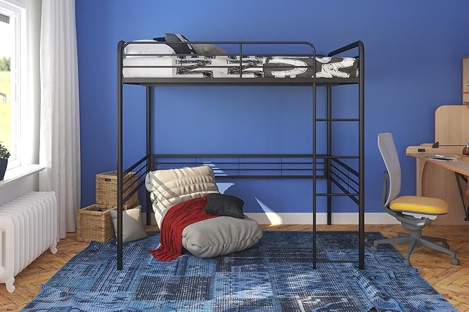 DHP Full Metal Loft Bed with Ladder, Space-Saving Design, Black, Full