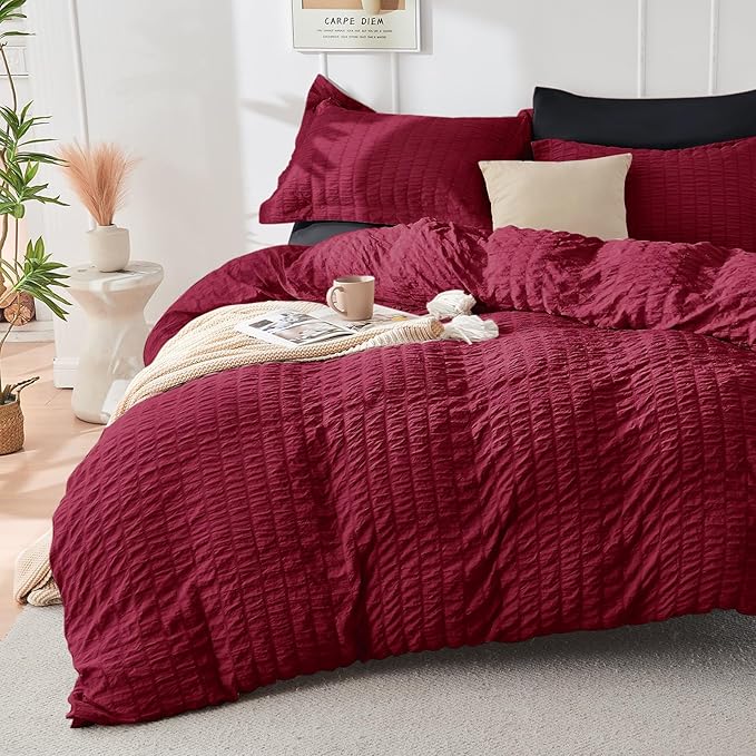 HYMOKEGE Red & Black King Size Comforter Set Seersucker 7 Pieces, All Season Luxury Bed in a Bag for Bedroom, Bedding Set with Comforters, Sheets, Pillowcases & Shams
