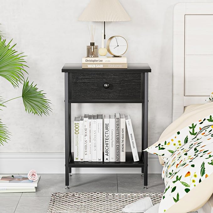 VECELO Nightstands Set of 2, Modern Bedside End Tables, Night Stands with Drawer and Storage Shelf for Living Room Bedroom, Industrial Metal Frame