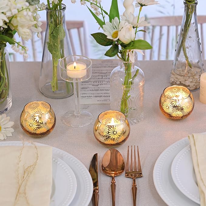 Gold Mercury Glass Votive Candle Holders Set of 12, Round Tealight Candle Holders Bulk for Table Centerpieces, Weddings, Shower Gifts, Christmas, Halloween Party Decorations