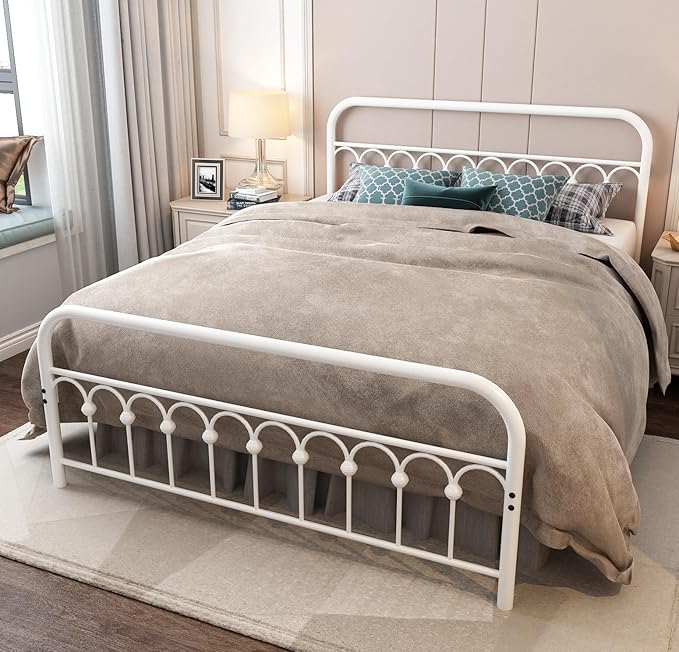 YALAXON Vintage Sturdy Queen Size Metal Bed Frame with Headboard and Footboard Basic Bed Frame No Box Spring Needed (Queen,White)
