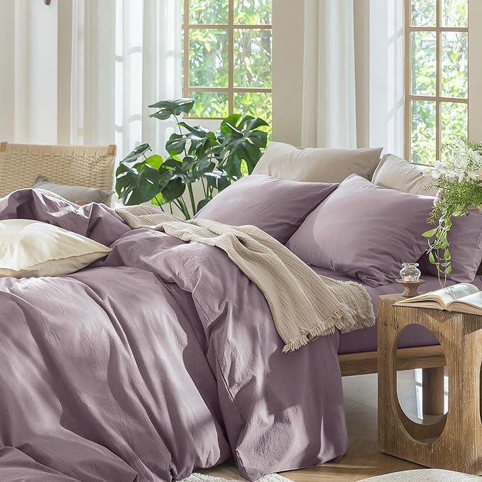 MooMee Bedding Duvet Cover Set 100% Washed Cotton Linen Like Textured Breathable Durable Soft Comfy (Solid Taro Purple, King 104"x90")