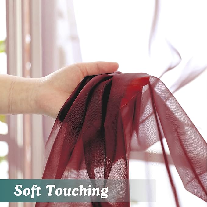 Chyhomenyc Short Sheer Curtains 45 Inches Length 2 Pieces, Light Filtering Soft Voile Curtains Drapes for Half Window/Bedroom/Bathroom/Living Room, Burgundy