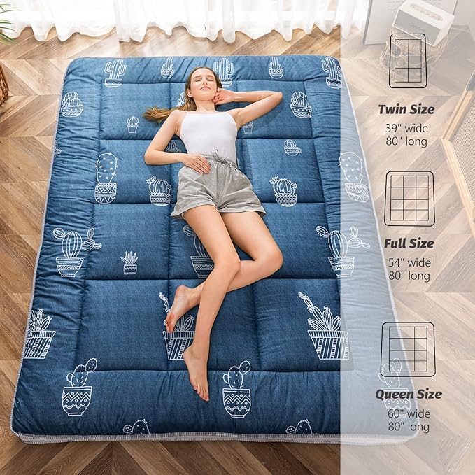 MAXYOYO Grey Cactus Pattern Queen Size Futon Mattress, Quilted Bed Mattress Topper, Extra Thick Folding Sleeping Pad, Breathable Floor Lounger, Guest Bed for Camping, Couch