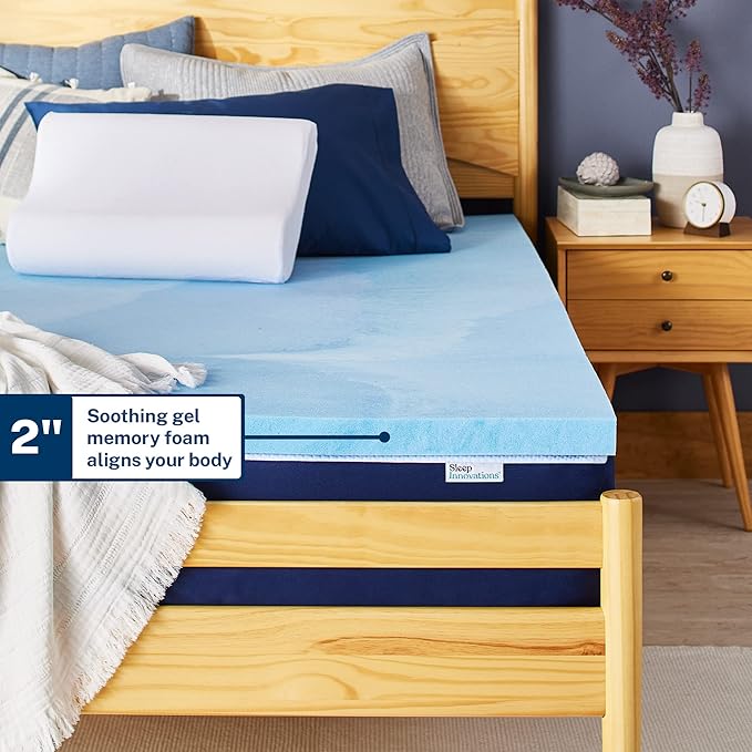 Sleep Innovations 2 Inch Cooling Gel Infused Memory Foam Mattress Topper, Queen Size, Cool Comfort, Medium Support