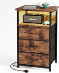 Fixwal Night Stand with Charging Station, LED Nightstand with Fabric Drawers, End Table with PU Finish, Bed Side Table, Rustic Brown