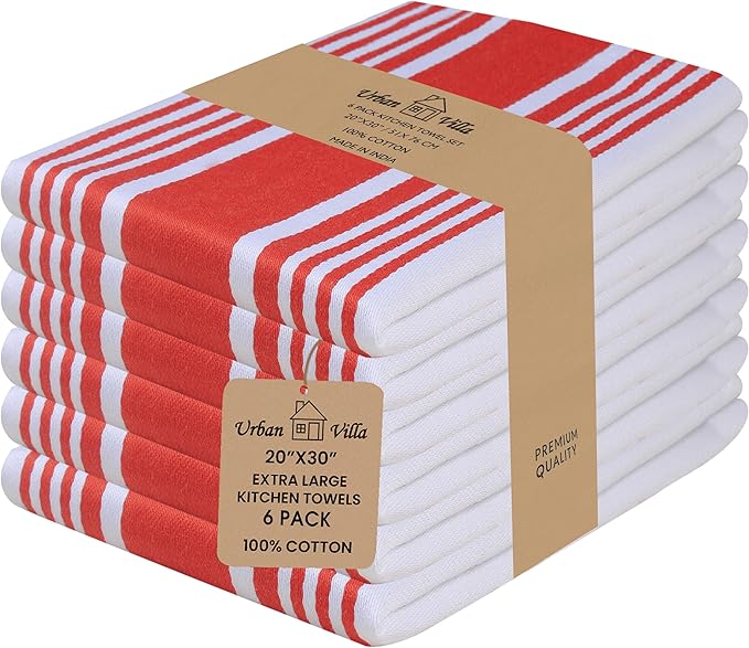 Urban Villa Kitchen Towels 100% Cotton Pack of 6, Highly Absorbent Quick Drying Super Soft Premium Dish Towels for Kitchen with Hanging Loop Hand & Tea Towels - 20x30 Inch, (Red & White, Striped)