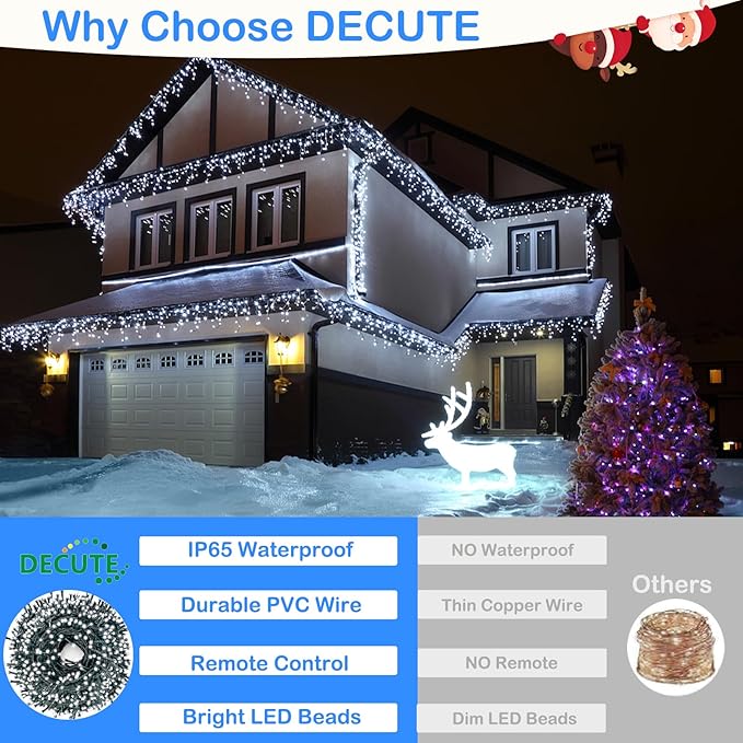 Decute 300LED Christmas String Lights Outdoor Waterproof 105FT UL Certified with End-to-End Plug 8 Modes, Cool White Indoor Starry Fairy Lights for Christmas Tree Patio Garden Wedding Party Decor