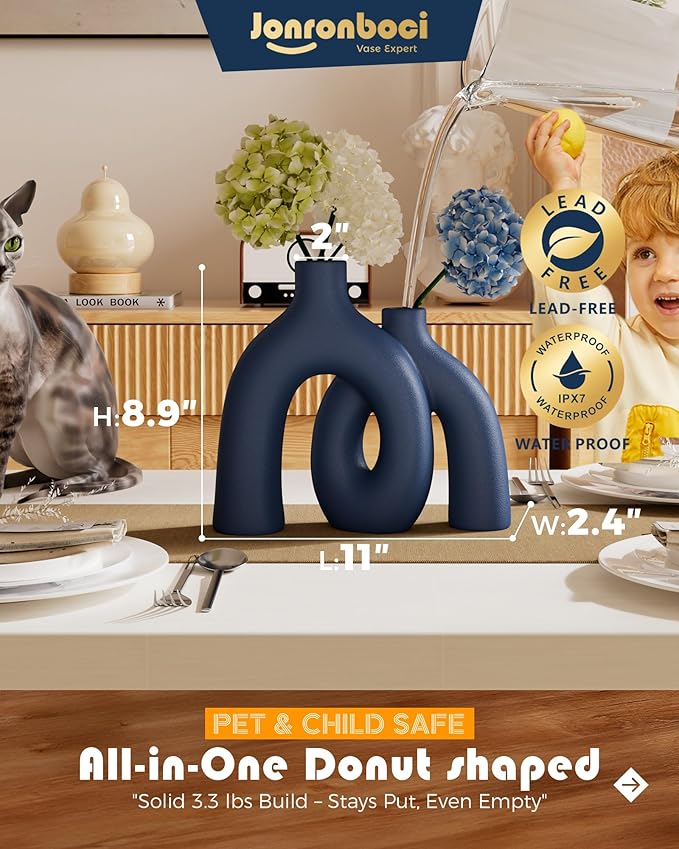 Hug Donut Decorative Vase Set - Navy Blue Vase, Modern Coastal Style Vases Home Decor, Matte Ceramic Decorations for Living Room Shelf, Bookshelf Mantle Entryway Table or Console Décor (Navy Blue)