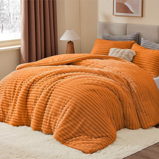 BEDELITE Fleece California King Comforter Set -Super Soft & Warm Fluffy Burnt Orange Bedding, Luxury Fuzzy Heavy Bed Set for Winter with 2 Pillow Cases