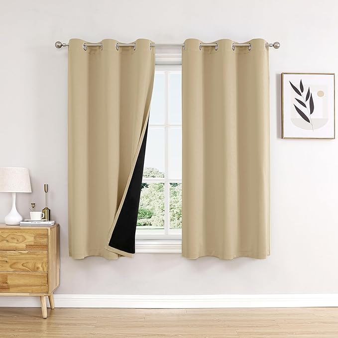ChrisDowa 100% Blackout Curtains for Bedroom with Black Liner, 2 Thick Layers Total Blackout Thermal Insulated Grommet Small Window Curtains 2 Panels Set (Beige, 42 x 45 Inch)