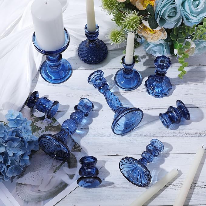 Mumufy 10 Pcs Glass Crystal Taper Candle Holders Clear Glass Candlestick Holder Fit 0.8 Inch Candles Crystal Decorative Candle Stand Centerpiece Table Wedding Dining Party (Classic,Blue)
