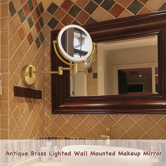 Antique Brass Rechargeable Wall Mounted Makeup Mirror Magnifying, 1X/10X Magnifying Mirror for Bathroom, 8 Inch 2 Sided 360 Swivel Extendable Arm Vanity Shaving Mirror for Bathroom