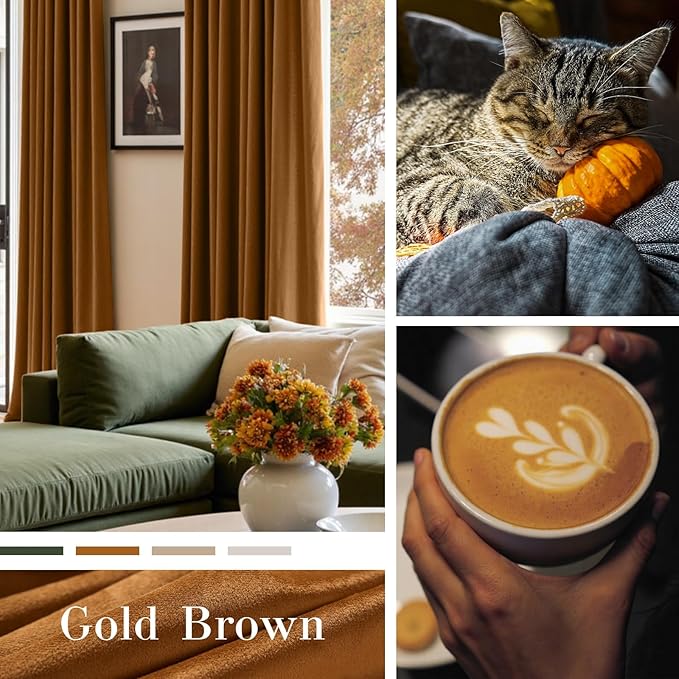 Lazzzy Velvet Blackout Curtains Thermal Insulated Room Window Drapes Super Soft Luxury Curtains for Living Room Bedroom Rod Pocket 2 Panels, Gold Brown, 62" W x 84" L