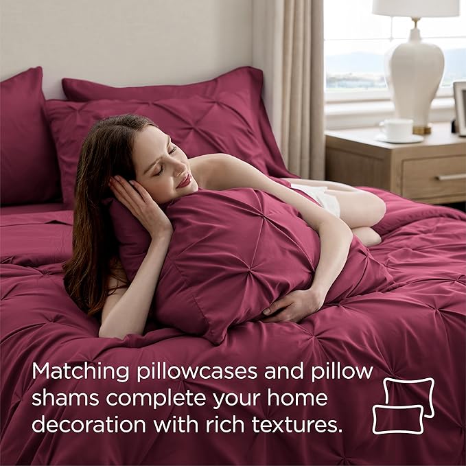 Bedsure California King Comforter Set Burgundy - Bed in a Bag Cal King Bedding Set 7 PCS, GentleSoft™ Pintuck Bed Set Gift for Family, Pinch Pleat Burgundy Comforter with Sheets, Pillowcases & Shams