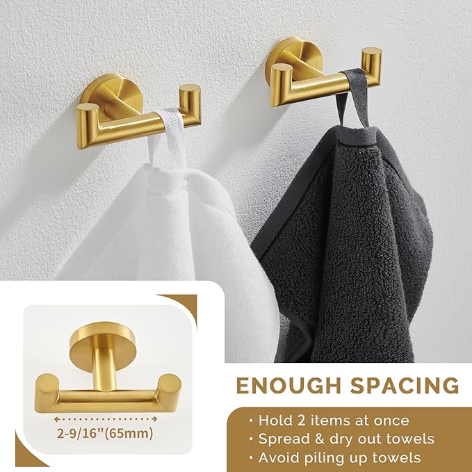 Angle Simple Towel Double Hook Brushed Gold 2 PCS, SUS304 Stainless Steel Bathroom Hand Towel Holder, Double Robe Hook, Wall Mount