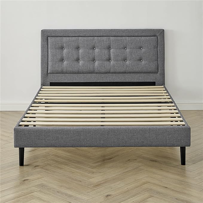 DeCoro Mornington 2.0 Upholstered Platform Bed | Headboard and Metal Frame with Wood Slat Support, Grey, King Size