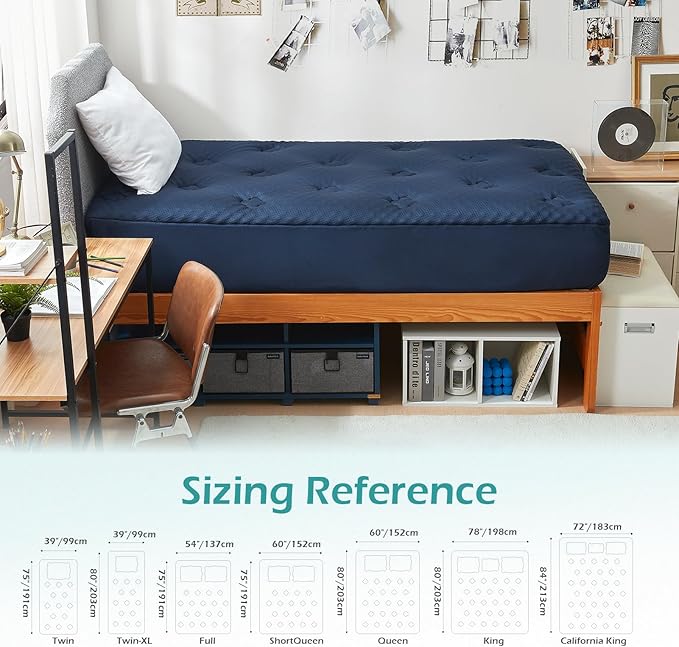 Hansleep College Dorm Twin XL Mattress Topper Viscose Derived from Bamboo, Memory Foam Pillow Top Mattress Topper Twin XL, Breathable Mattress Pad for Back Pain Relief, 39" x 80", Navy Blue