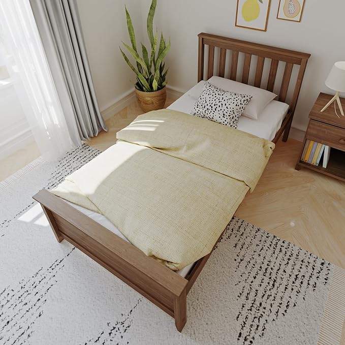 Max & Lily Twin Bed Frame with Slatted Headboard, Solid Wood Platform Bed for Kids, No Box Spring Needed, Easy Assembly, Walnut