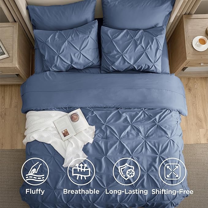 Bedsure King Size Comforter Set Slate Blue - Bed in a Bag Bedding Set 7 Pieces, GentleSoft™ Pintuck Bed Set Gift for Family, Pinch Pleat Slate Blue Comforter with Sheets, Pillowcases & Shams