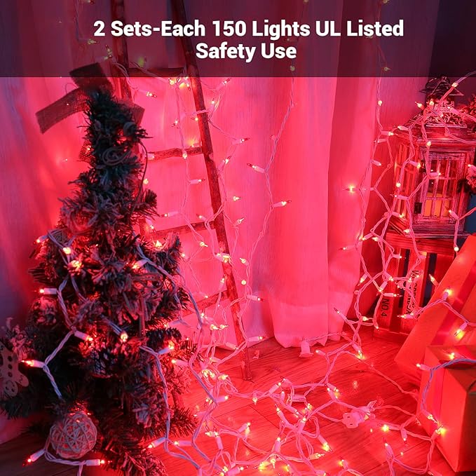 Brizled Red Christmas Lights, 300 ct 69.6ft Incandescent Christmas Lights plugin, Connectable 120V UL Certified Mini Xmas String Light for Halloween, Xmas, Indoor, Party, Porch Decor, White Wire