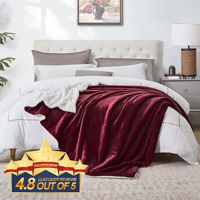 Walensee Sherpa Fleece Blanket (King Size 108”x90” Burgundy) Plush Throw Fuzzy Super Soft Reversible Microfiber Flannel Blankets for Couch, Bed, Sofa Ultra Luxurious Warm and Cozy for All Seasons