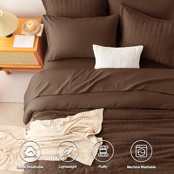 CozyLux Queen Comforter Set Brown Seersucker 7 Pieces Bed in a Bag Queen Comforter Set with Sheets, Luxury Soft Bedding Set with Down Alternative Comforter, Sheets, Pillowcases & Shams for All Seasons