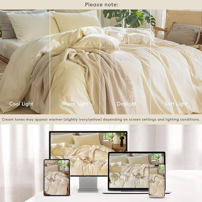 MooMee Bedding Duvet Cover Set 100% Washed Cotton Linen Like Textured Breathable Durable Soft Comfy (Solid Cream White, Super King Plus 120"x120")
