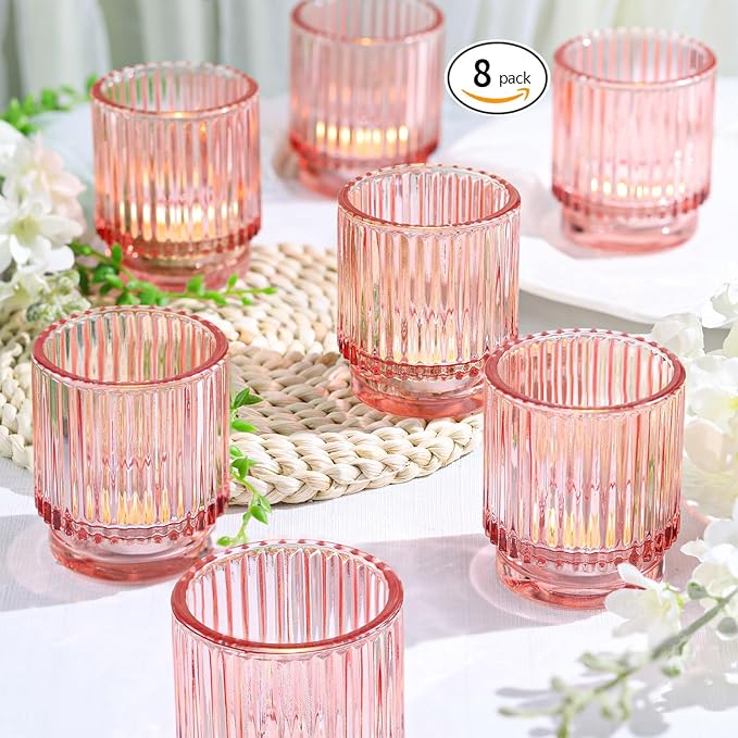8 Pcs Large Lavender Votive Candle Holders, Tealight Ribbed Candle Holders Glass, Brildal Shower Table Decor,Wedding Centerpieces Table Decorations