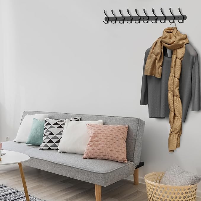 Coat Rack Wall Mount with 10 Tri Hooks, Stainless Steel 32 Inch – Black Matte Finish, Heavy Duty Wall Mounted Hook Rack for Coats, Hats, Towels, Scarfs, Robes, Bags, Entryway & Bathroom