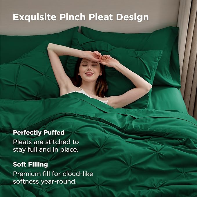 Bedsure King Size Comforter Set Dark Green - Bed in a Bag Bedding Set 7 Pieces, GentleSoft™ Pintuck Bed Set Gift for Family, Pinch Pleat Dark Green Comforter with Sheets, Pillowcases & Shams