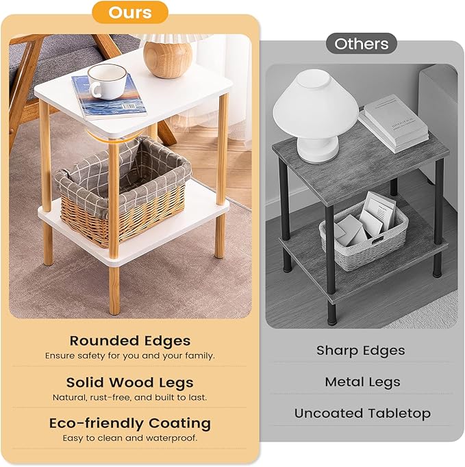 Apicizon 2 Tier End Table, Small Side Table with Solid Wood Legs, Boho Bedside Table with Storage Shelf, Nightstand for Small Spaces, Bedroom, Living Room, Entryway, Easy Assembly, White+Natural