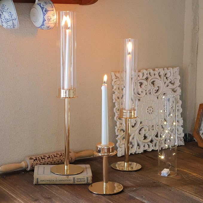 Hurricane Candle Holders Set of 3 Metal Candlestick Holder for Glass Taper Tall Candle Holders with Crystal Chimney Tube Candles Stands for Home Decor, Christmas, Dinning (3, Gold)