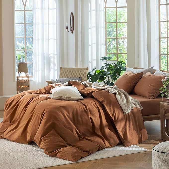 MooMee Bedding Duvet Cover Set 100% Washed Cotton Linen Like Textured Breathable Durable Soft Comfy (Solid Dark Orange, Alaska King 132"x120")
