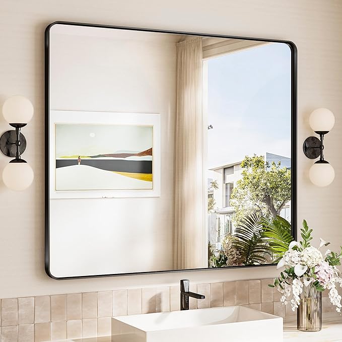 TokeShimi 42x36 Black Bathroom Mirror for Over Sink,Aluminum Framed Vanity Mirror with Tempered Glass,Modern Wall Mirrors(Horizontal/Vertical)