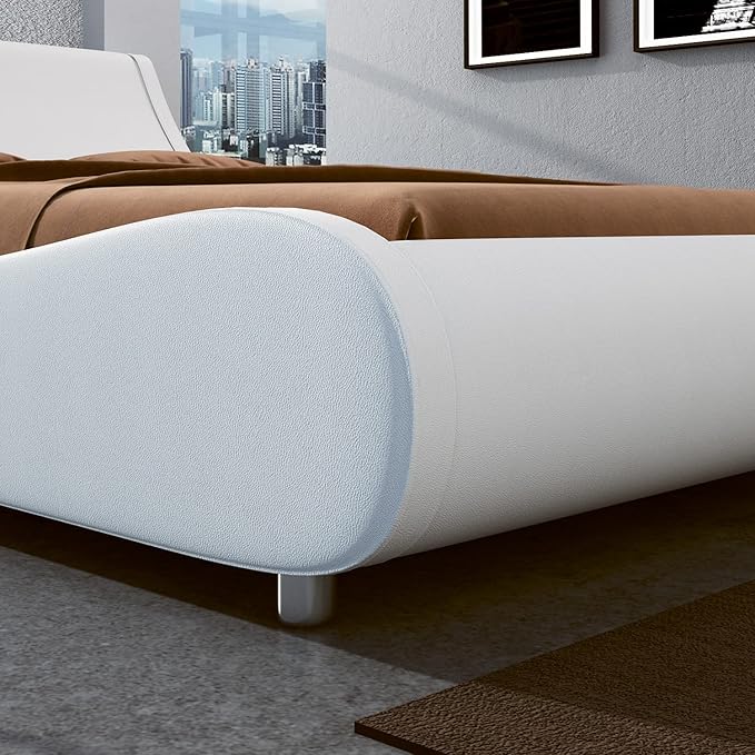SHA CERLIN King Size Platform Bed Frame - Stylish Low Profile Design, Ergonomic Faux Leather Headboard, No Box Spring Needed, Modern Sleigh Bed, White