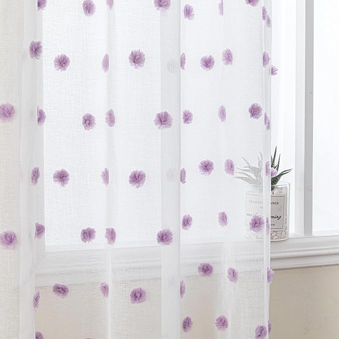 MYSKY HOME Short Curtains for Girls Bedroom Purple Pom Pom White Semi Sheer Curtains Kitchen Bathroom 54 Inches Long Curtains Nursery Boys Kids Room Rod Pocket 2 Panels Small Window 52" x 54"