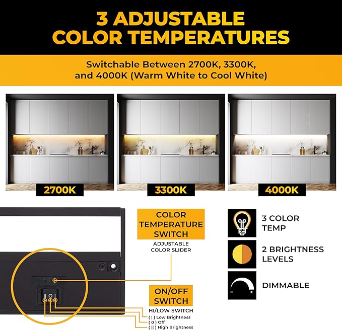 LED Under Cabinet Lighting Hardwired - 3CCT 32 Inch Black Finish - Undercabinet Lights for Kitchen - Linkable Undercounter Dimmable Plug in Light or Hard Wired - Under Counter Fixture Direct Wire