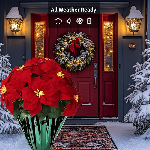 2 Pack 18" Lighted Large Artificial Poinsettias for Outdoors LED Poinsettia Flowers Artificial Faux Poinsettia Plants Poinsettia Christmas Decorations for Office Home Kitchen Decor (Green Paper)