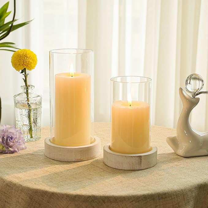 Set of 2 Hurricane Candle Holders with Wood Base & Glass Cylinder (4.2x5.9” & 4.6x7.8”) – Rustic Wooden Candle Holders for Home Decor, Weddings, Table Centerpieces