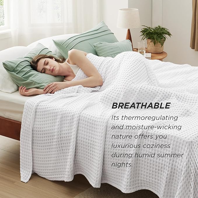 Bedsure Cooling Cotton Waffle King Size Blanket - Lightweight Breathable Summer Blanket of Rayon Derived from Bamboo for Hot Sleepers, Luxury Throws for Bed, Couch and Sofa, White, 104x90 Inches
