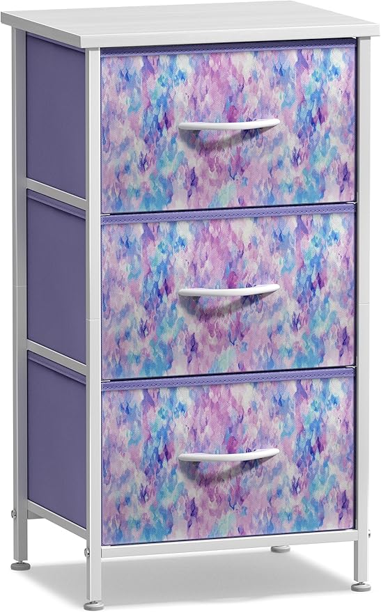 Sorbus Nightstand Storage Organizer Chest with 3 Drawers - Kids Girls, Boys Bedroom Furniture Chest for Clothes, Closet Organization - Steel Frame, Wood Top, Fabric Bin (3-Drawer, Blue/Pink/Purple)