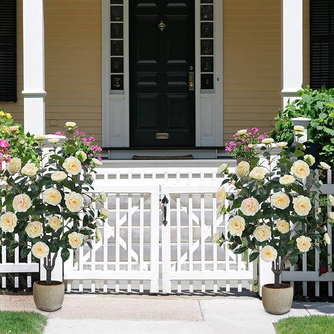 3.6FT Artificial Camellia Fake Tree, Artificial Plants & Flowers with 32 Yellow Pink Flowers for Door Front Decoration Porch Patio Living Room Office Indoor Outdoor Decoration (Contains Dried Moss)